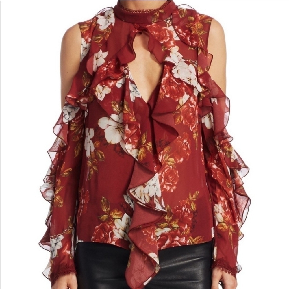 Nicholas 100% Silk Floral Cutout Ruffle Top Feminine Flirty Frilly Boho